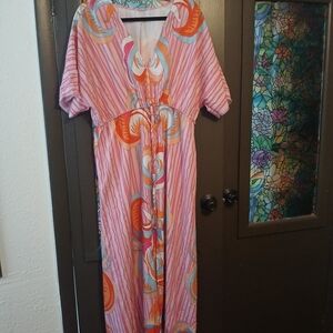 Women's Pink Multi-Color Maxi Dress with V-Neck
